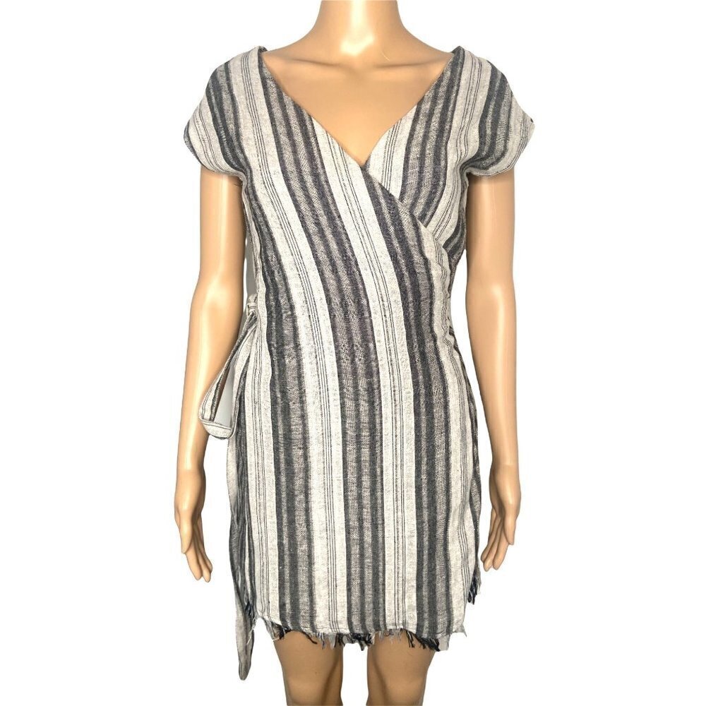Lulu's Island Retreat Grey Striped Wrap Dress 100% Cotton Size XS - Picture 3 of 10